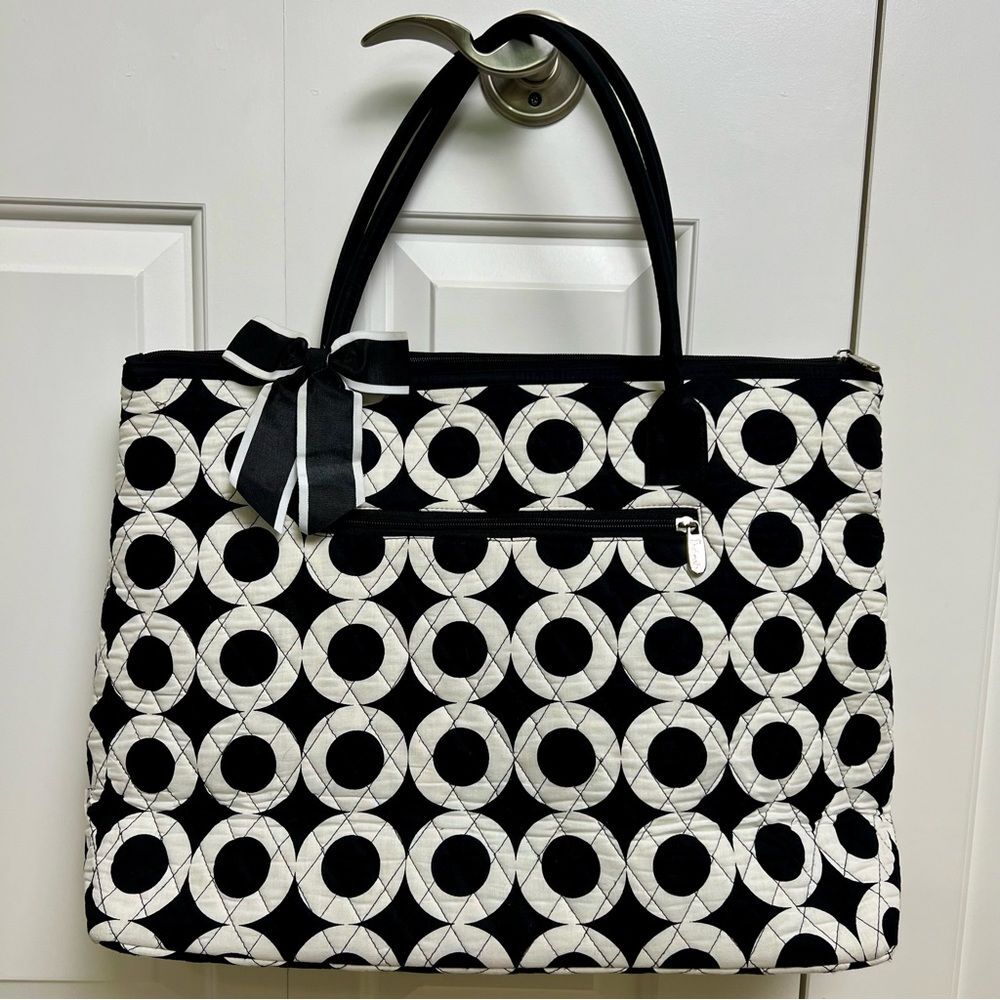 Weekender Travel Bag with Circle Pattern and Bow Tote Overnight Black and White